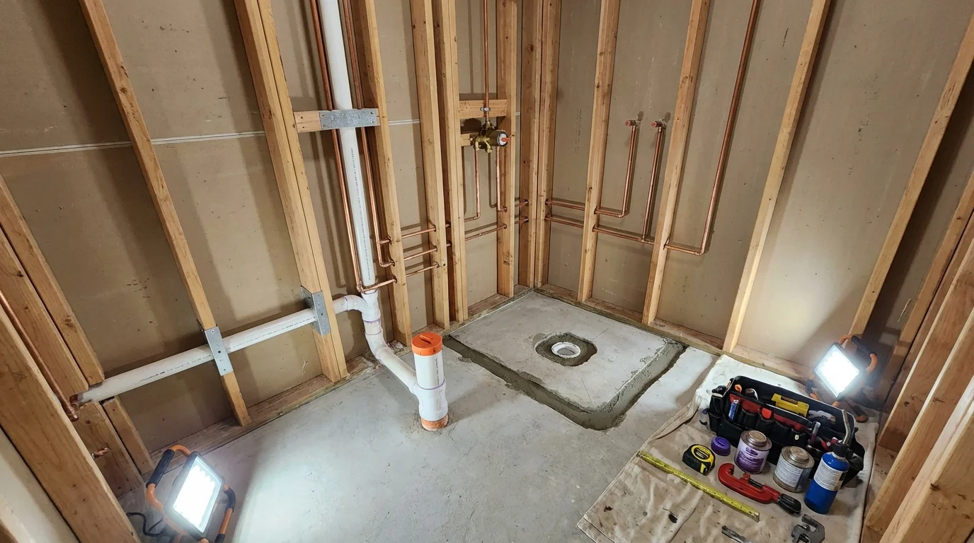Bathroom rough-in plumbing during remodel by Johns Plumbing LLC in Solomons