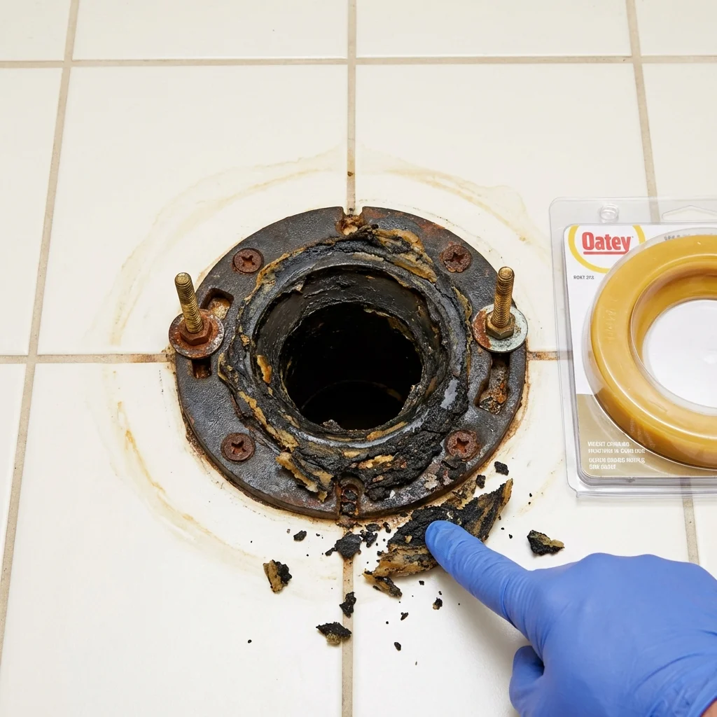 Failed wax ring showing water seepage at the base of a toilet in a Solomons, MD home