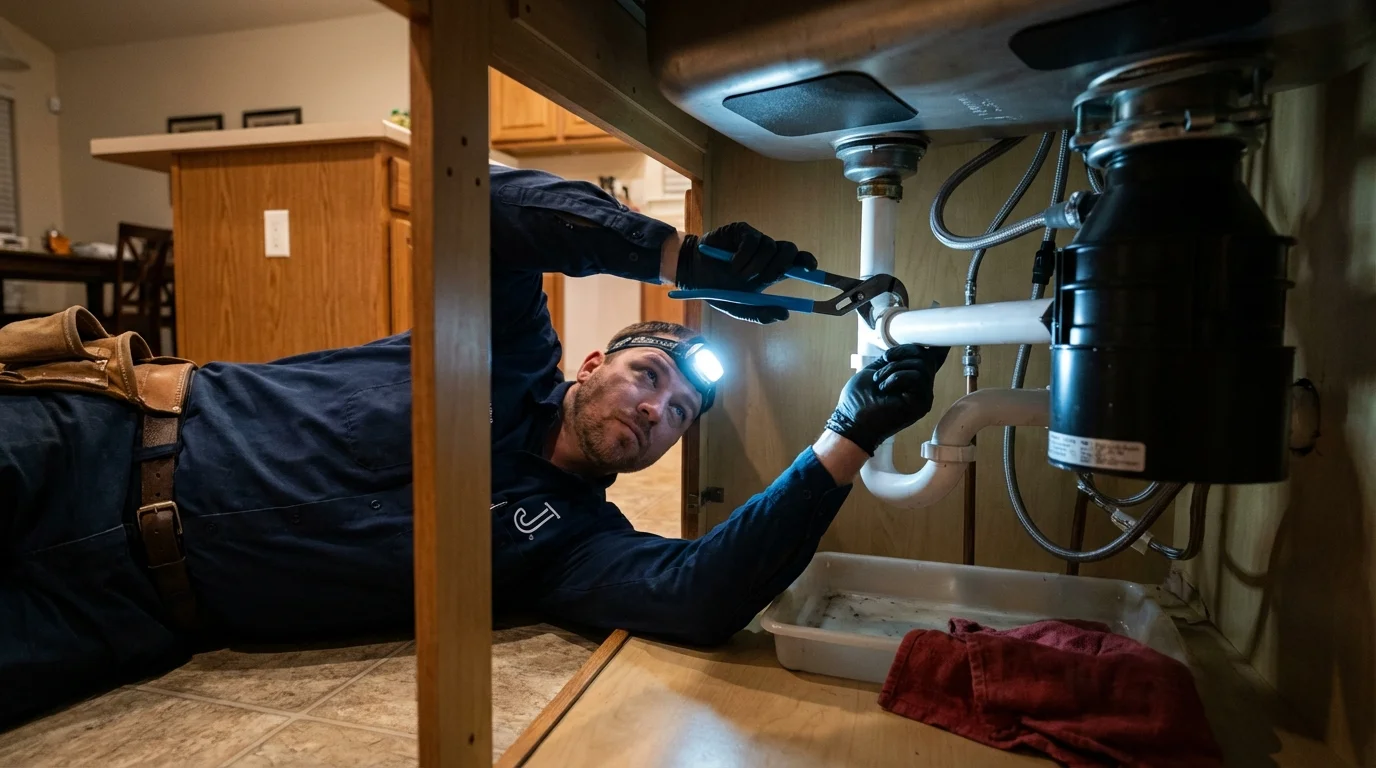 P-trap and supply line connections under a kitchen sink showing a common leak point in Solomons, MD